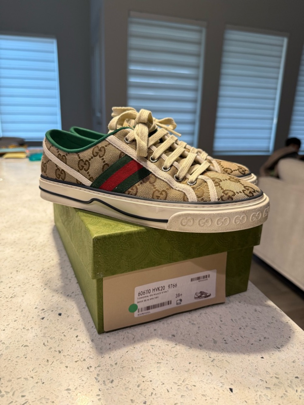Gucci Beige Monogram Kids Sneaker with Green & Red Web Stripe - Picture 1 of 8